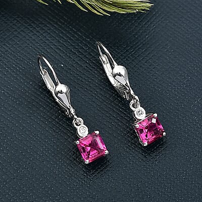 Luxuriant Asscher Cut AAA Lab Grown Bixbite and Lab Grown Diamond G-H SI 1.25 ctw Earrings in Rhodium Over Sterling Silver