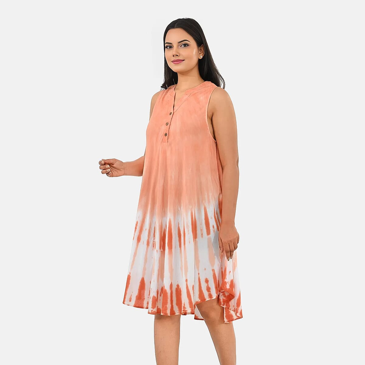 La Marey Peach Tie Dye Umbrella Dress with collar and Buttons - One Size Plus image number 2