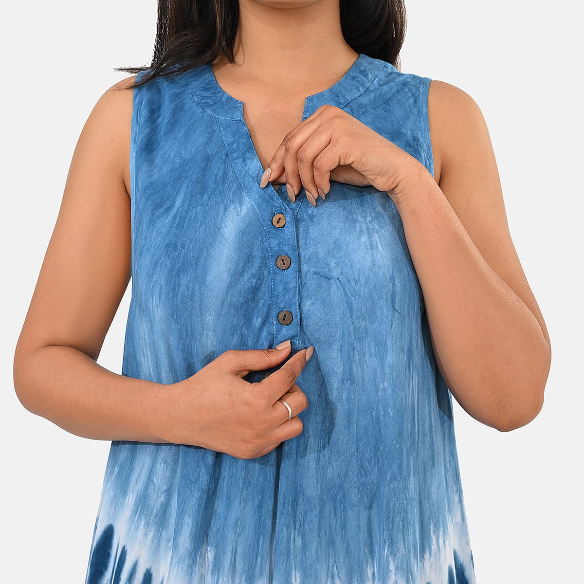 La Marey Blue Tie Dye Umbrella Dress with collar and Buttons - One Size Plus image number 4