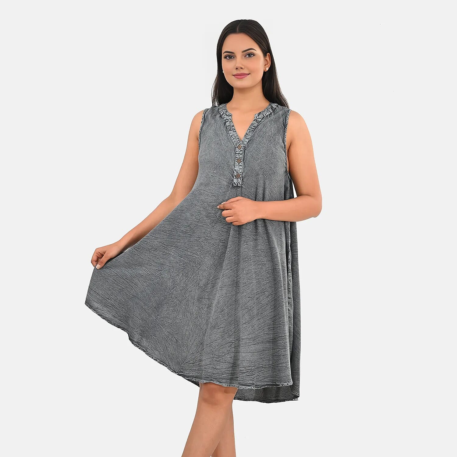 La Marey Gray Solid Stone-Wash Umbrella Dress with collar and Buttons - One Size Plus