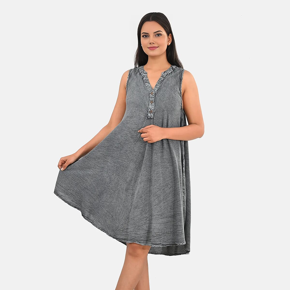 La Marey Gray Solid Wash Umbrella Dress with collar and Buttons - One Size Plus image number 3