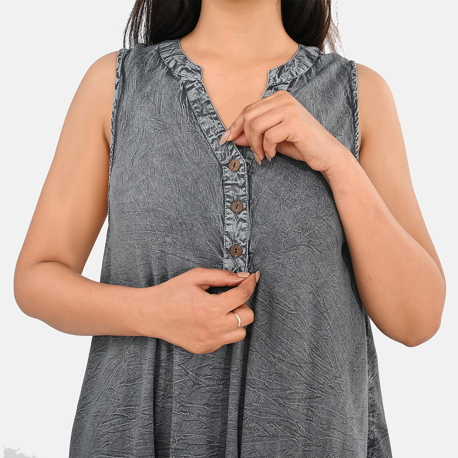 La Marey Gray Solid Stone-Wash Umbrella Dress with collar and Buttons - One Size Plus