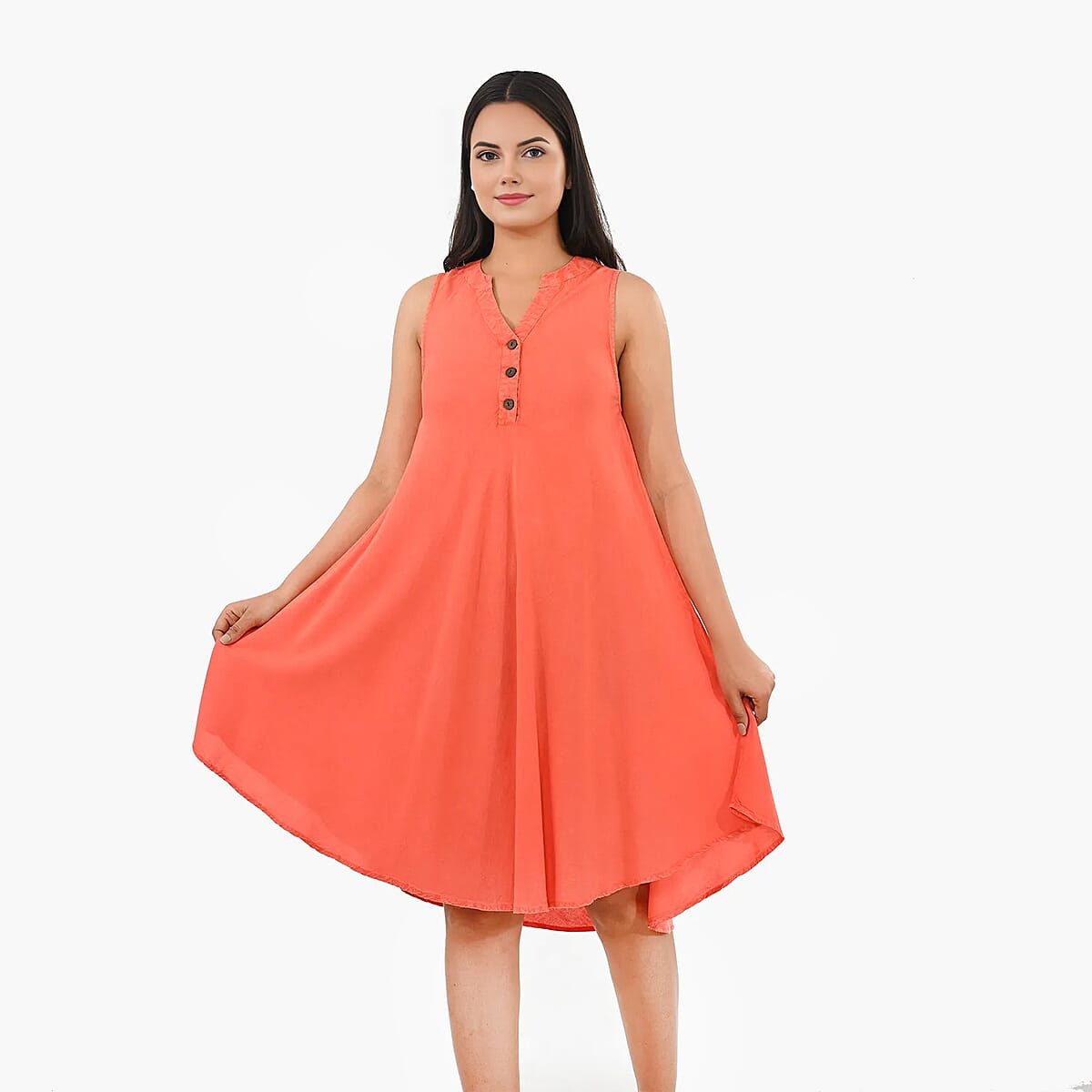 La Marey Vibrant Peach Solid Stone-Wash Umbrella Dress with collar and Buttons - One Size Plus image number 3