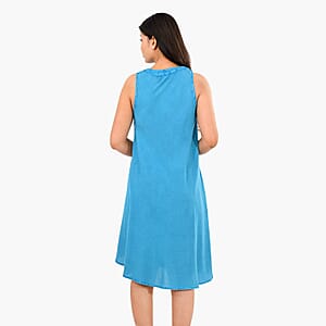 La Marey Blue Solid Wash Umbrella Dress with collar and Buttons - One Size Plus