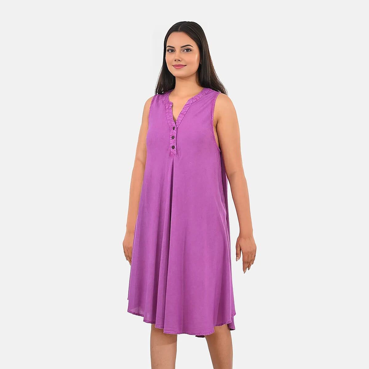 La Marey Purple Solid Stone-Wash Umbrella Dress with collar and Buttons - One Size Plus image number 2