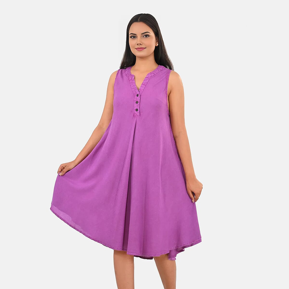 La Marey Purple Solid Stone-Wash Umbrella Dress with collar and Buttons - One Size Plus image number 3