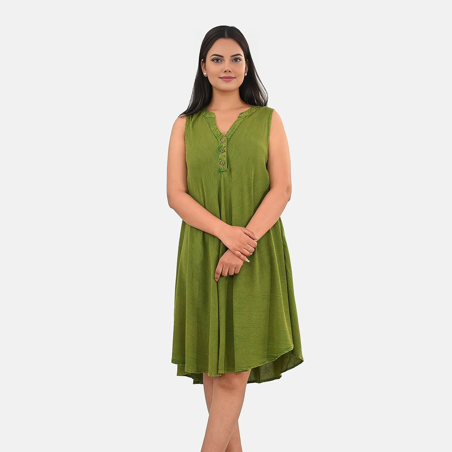 La Marey Green Solid Stone-Wash Umbrella Dress with collar and Buttons - One Size Plus