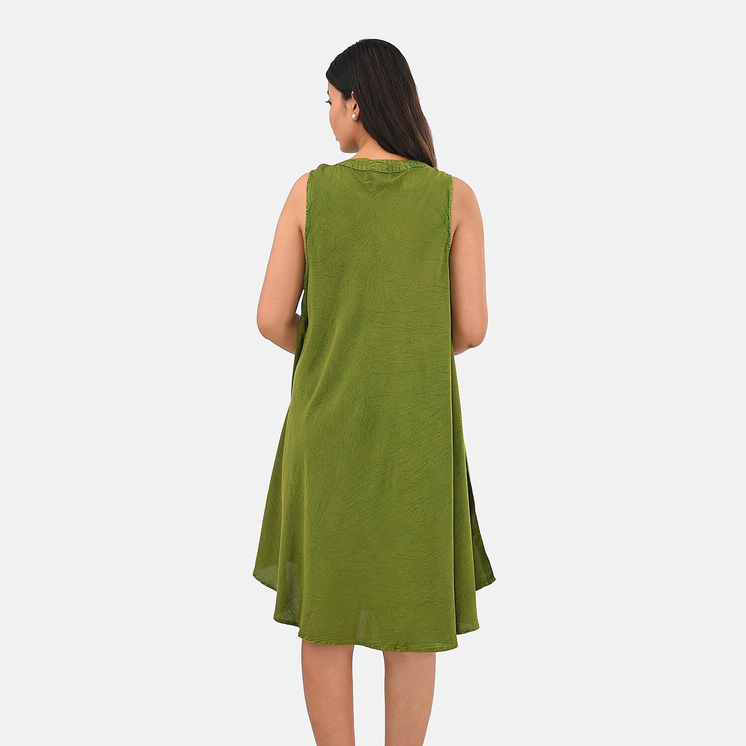La Marey Green Solid Stone-Wash Umbrella Dress with collar and Buttons - One Size Plus
