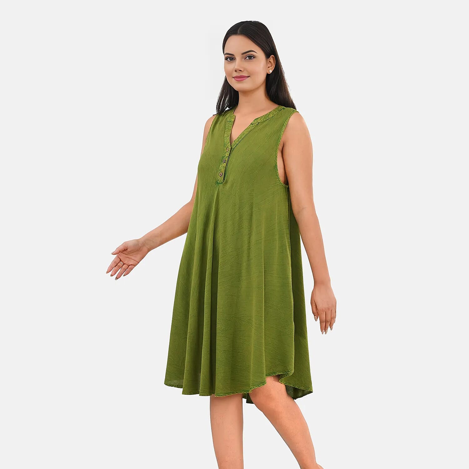 La Marey Green Solid Stone-Wash Umbrella Dress with collar and Buttons - One Size Plus