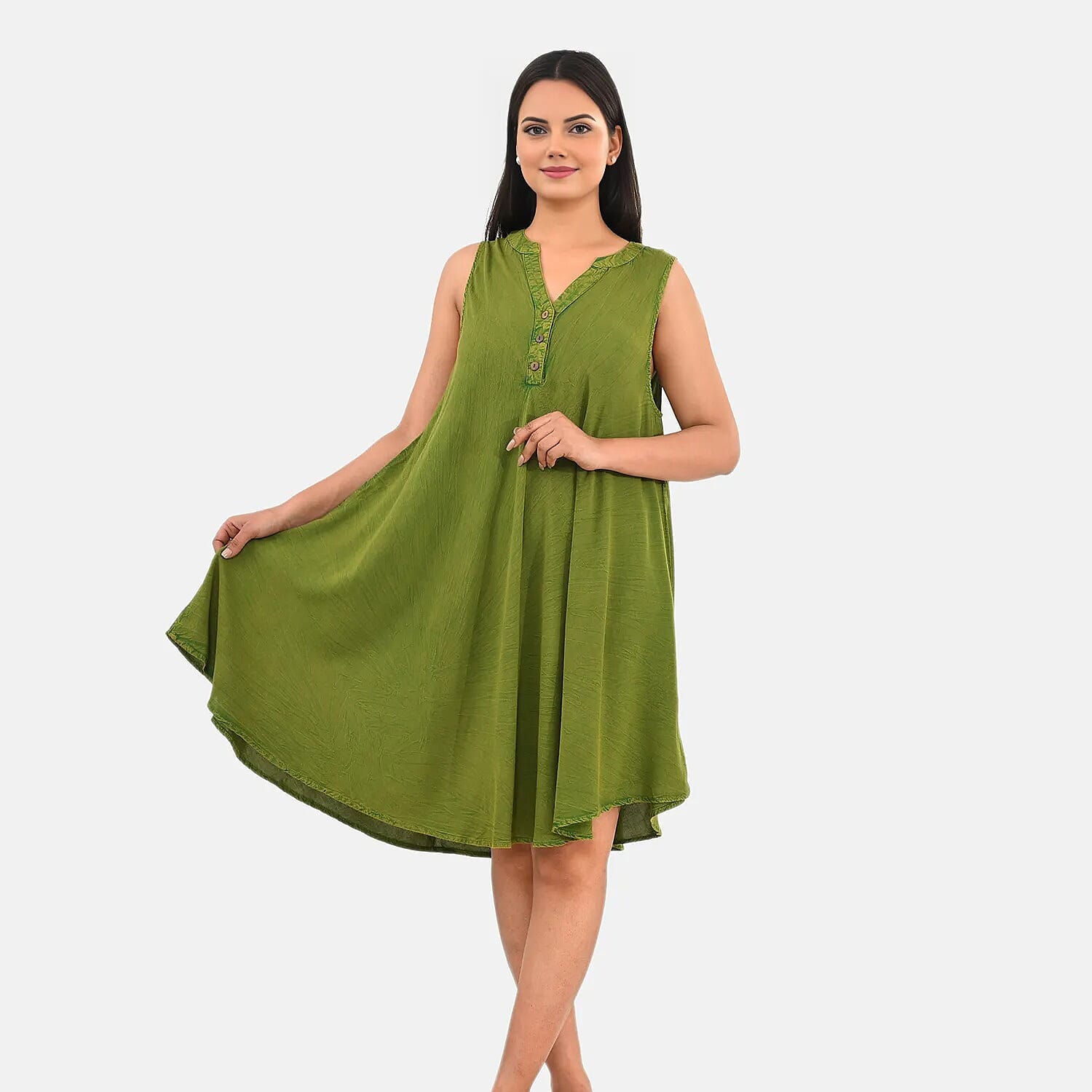 La Marey Green Solid Stone-Wash Umbrella Dress with collar and Buttons - One Size Plus