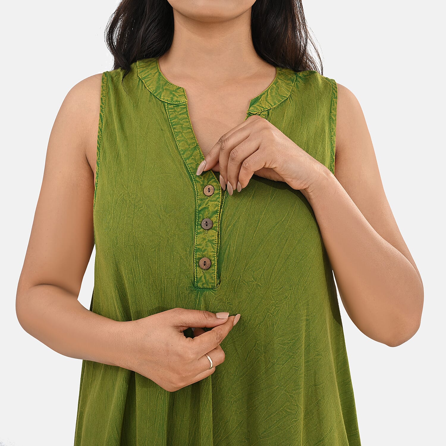 La Marey Green Solid Stone-Wash Umbrella Dress with collar and Buttons - One Size Plus