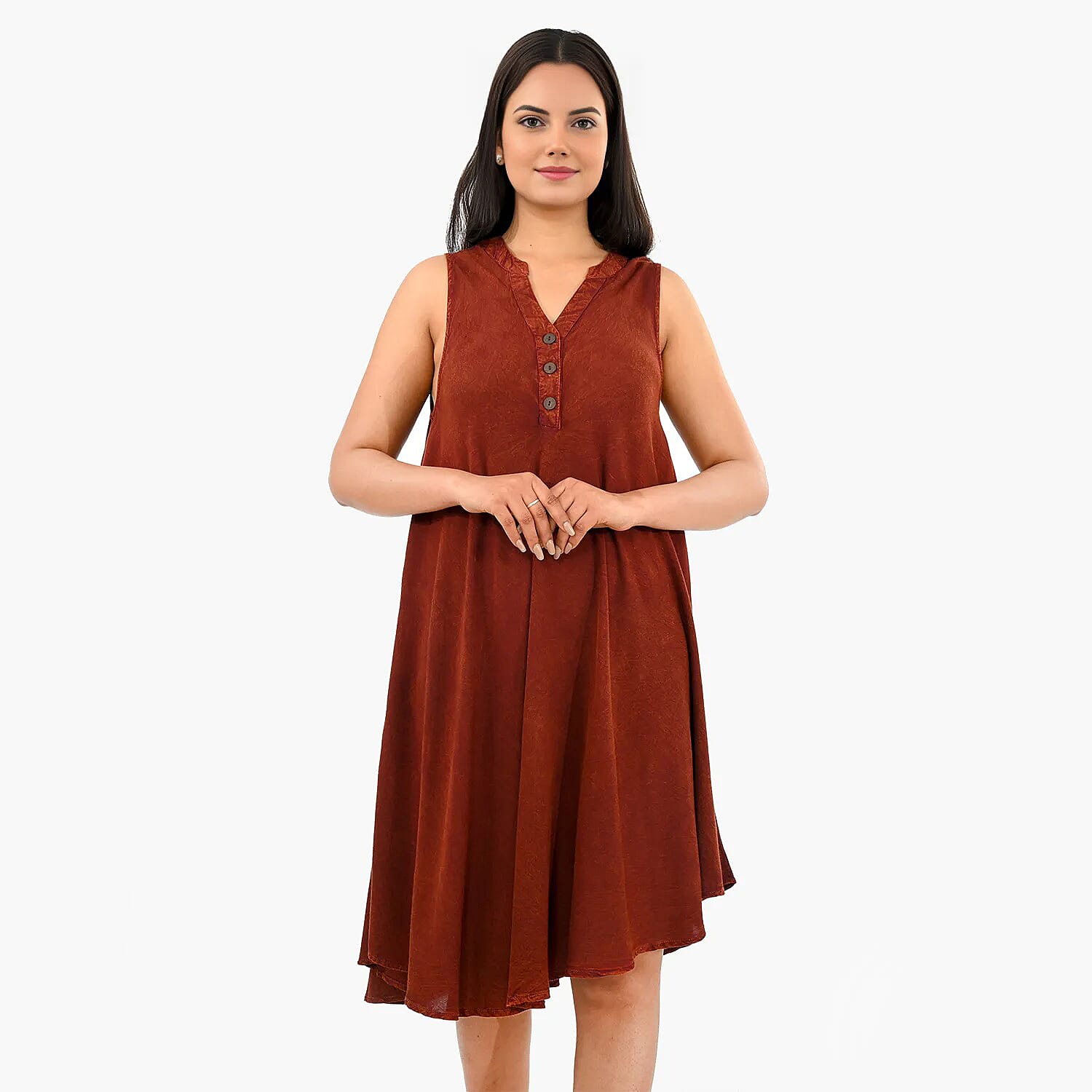 La Marey Maroon Solid Stone-Wash Umbrella Dress with collar and Buttons - One Size Plus