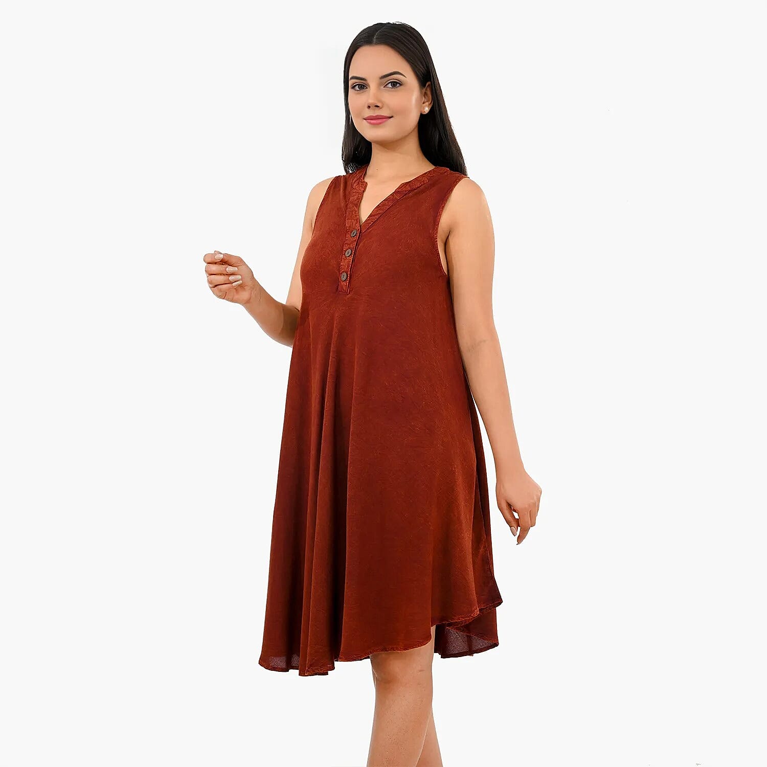 La Marey Maroon Solid Stone-Wash Umbrella Dress with collar and Buttons - One Size Plus