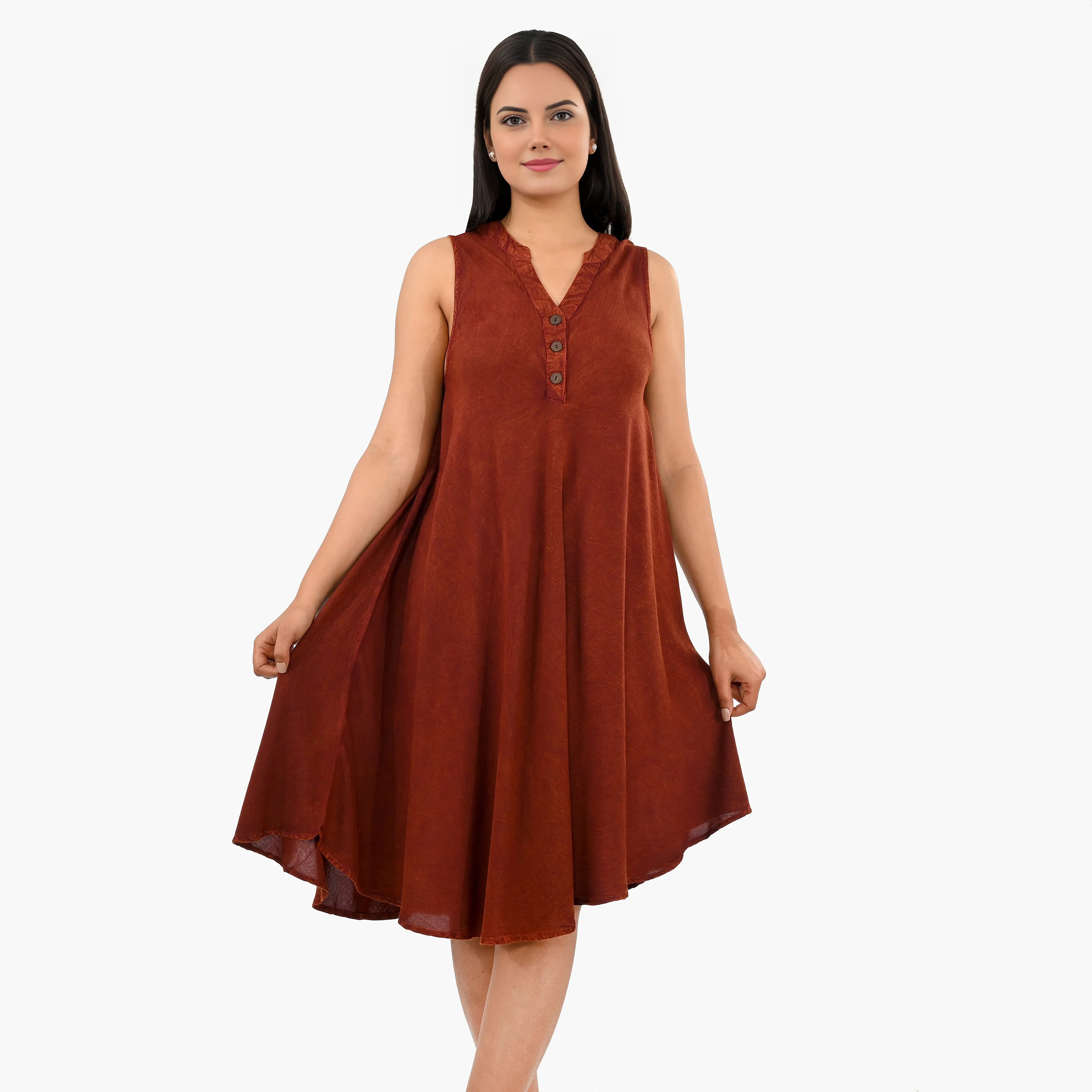 La Marey Maroon Solid Stone-Wash Umbrella Dress with collar and Buttons - One Size Plus