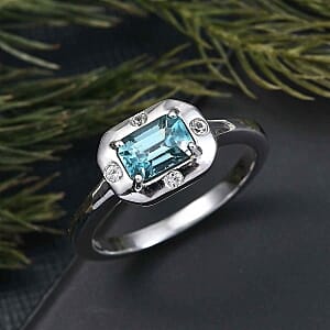 D'Joy Blue Zircon and White Zircon 1.16 ctw Ring in Rhodium Over Sterling Silver (Size 8.0)