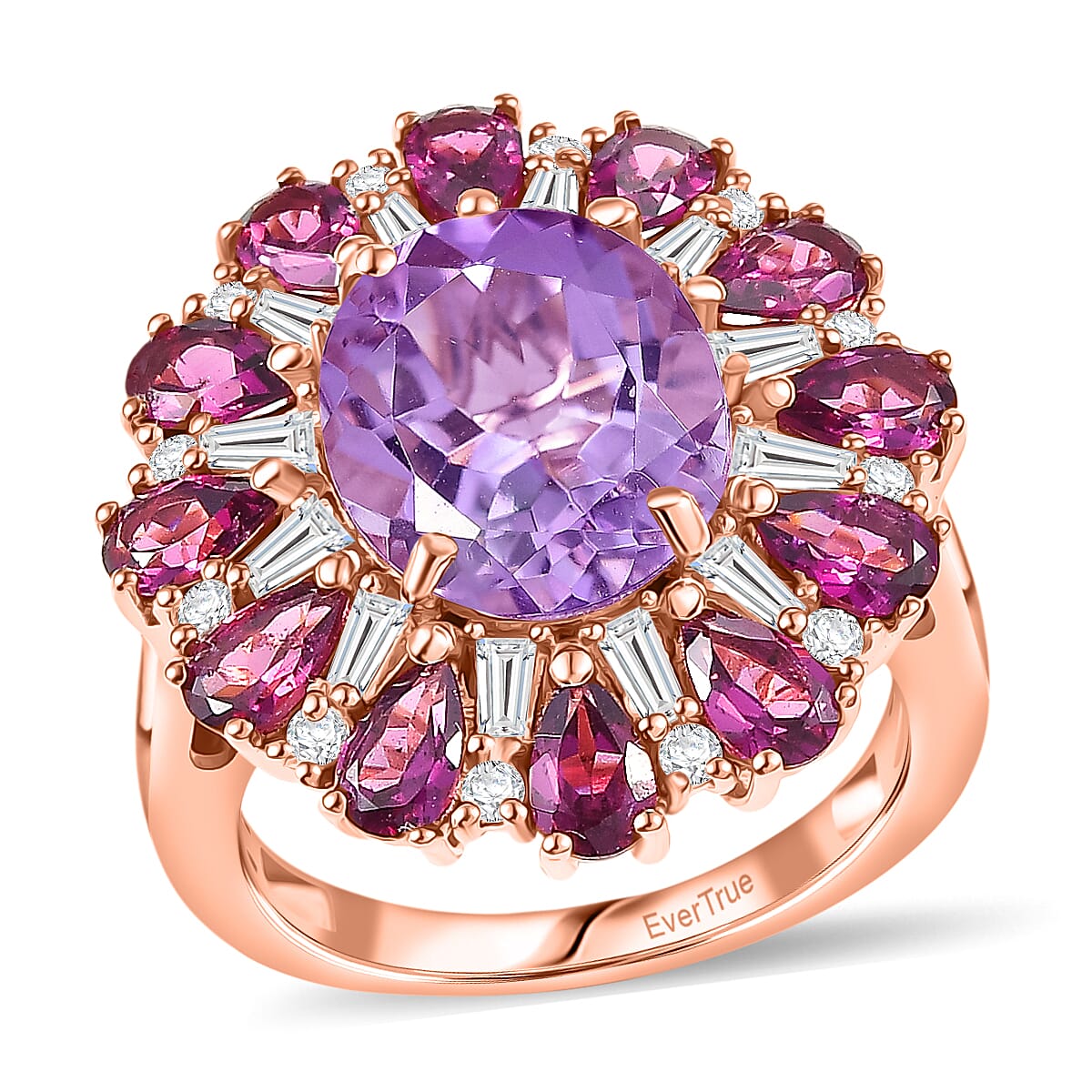 EverTrue Rose De France Amethyst and Multi Gemstone 8.45 ctw Twilight Bloom Ring in 18K Rose Gold Plated (Size 11.0)
