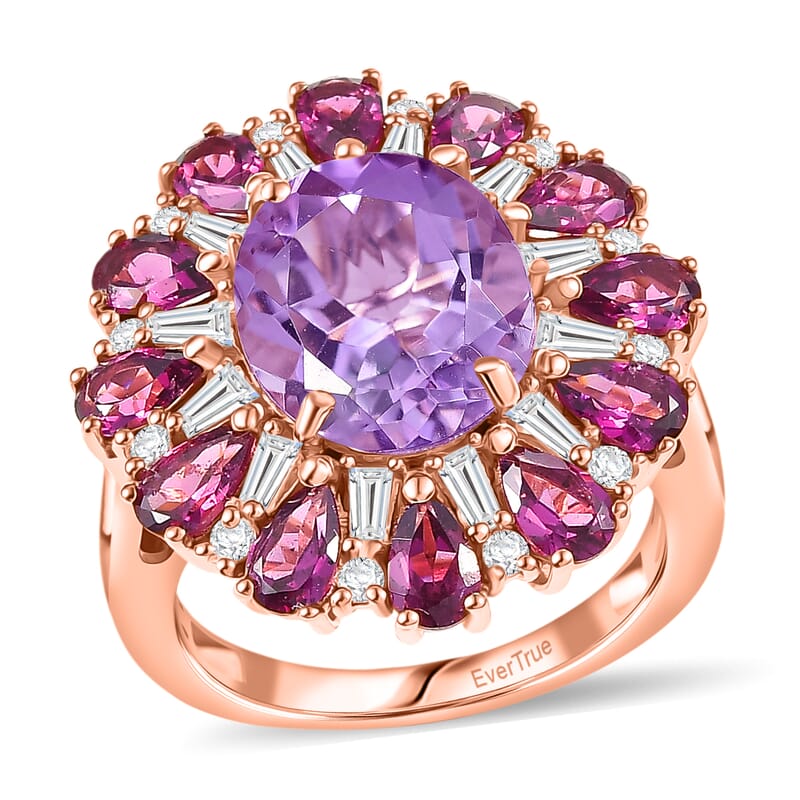 EverTrue Rose De France Amethyst and Multi Gemstone 8.45 ctw Twilight Bloom Ring in 18K Rose Gold Plated (Size 11.0)