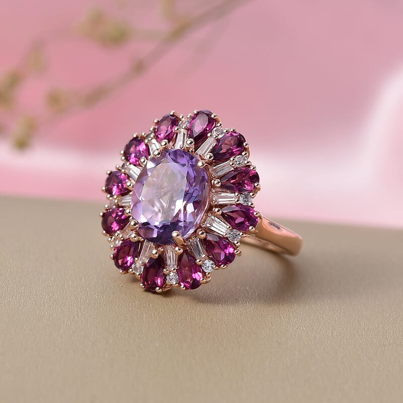 EverTrue Rose De France Amethyst and Multi Gemstone 8.45 ctw Twilight Bloom Ring in 18K Rose Gold Plated (Size 11.0)