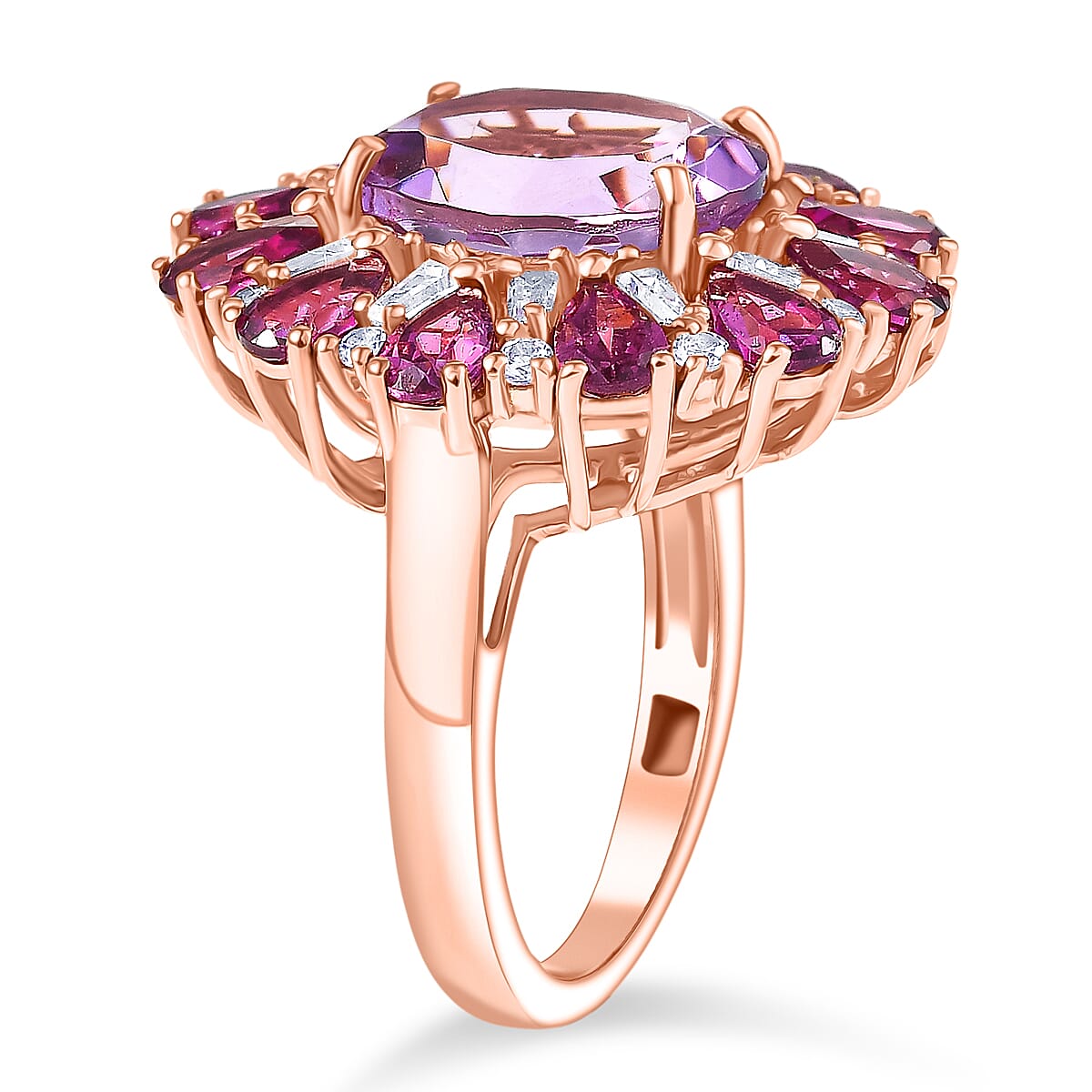 EverTrue Rose De France Amethyst and Multi Gemstone 8.45 ctw Twilight Bloom Ring in 18K Rose Gold Plated (Size 11.0)