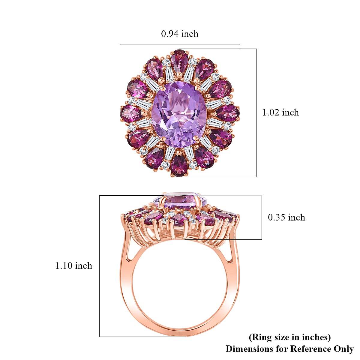 EverTrue Rose De France Amethyst and Multi Gemstone 8.45 ctw Twilight Bloom Ring in 18K Rose Gold Plated (Size 11.0)