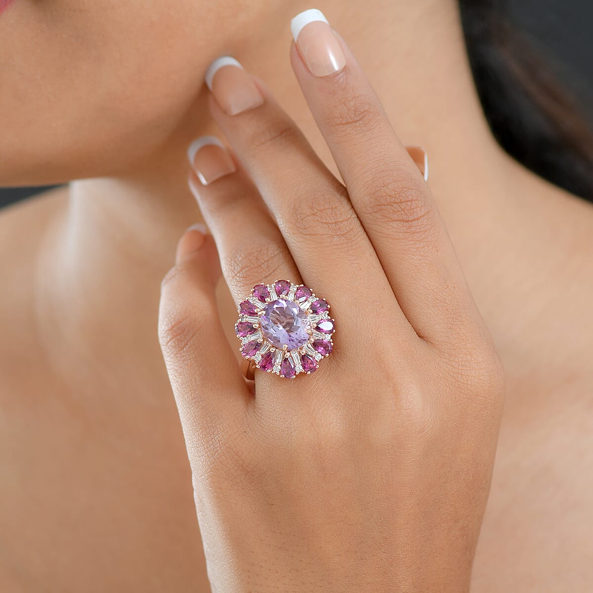 EverTrue Rose De France Amethyst and Multi Gemstone 8.45 ctw Twilight Bloom Ring in 18K Rose Gold Plated (Size 8.0) image number 2