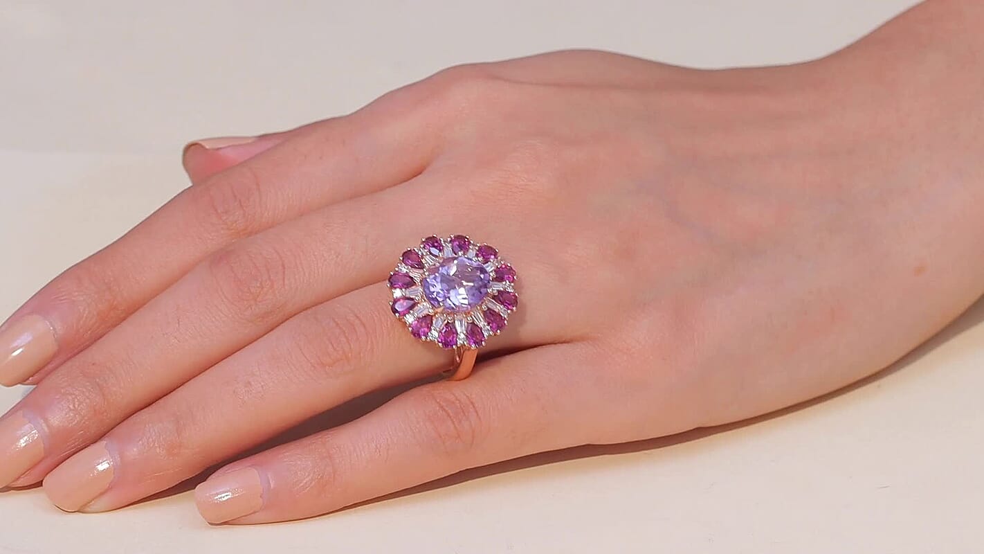 EverTrue Rose De France Amethyst, Multi Gemstone Ring in 18K RG Plated (Size 10.0) 8.45 ctw