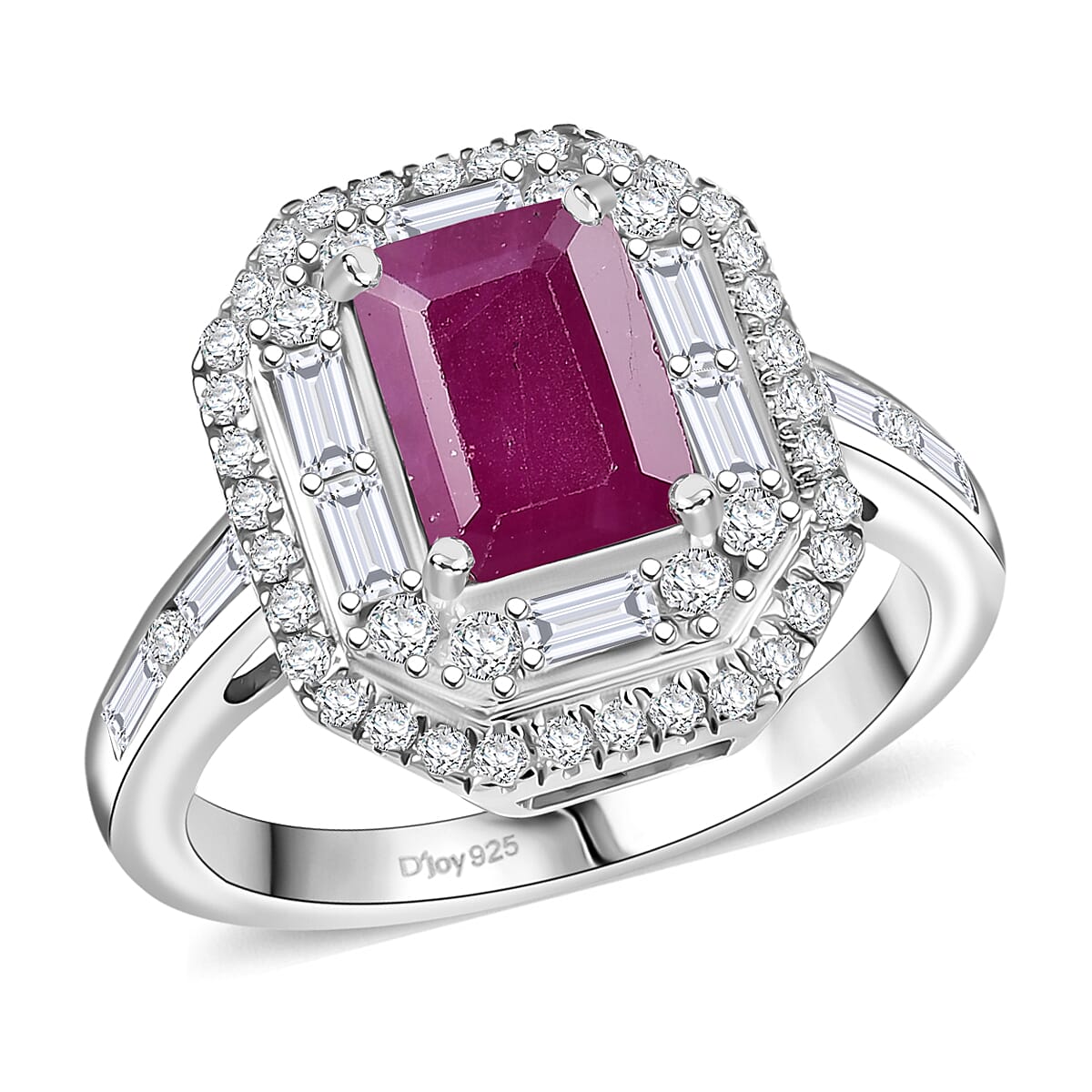 D'Joy Premium Royal Ruby, Moissanite Art Deco Ring in Rhodium Over Sterling Silver 3.25 ctw (Size 10.0)