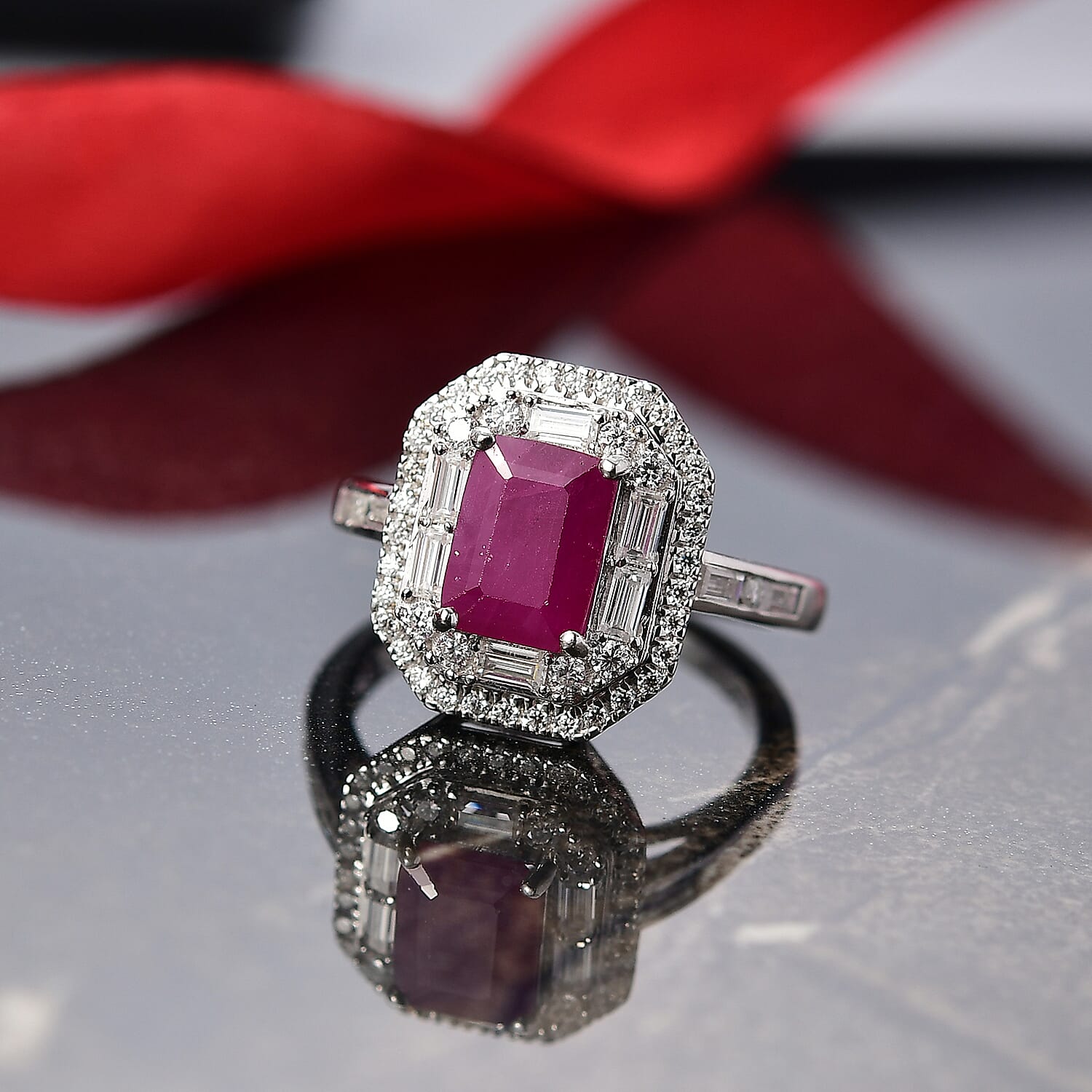 D'Joy Premium Royal Ruby, Moissanite Art Deco Ring in Rhodium Over Sterling Silver 3.25 ctw (Size 10.0)