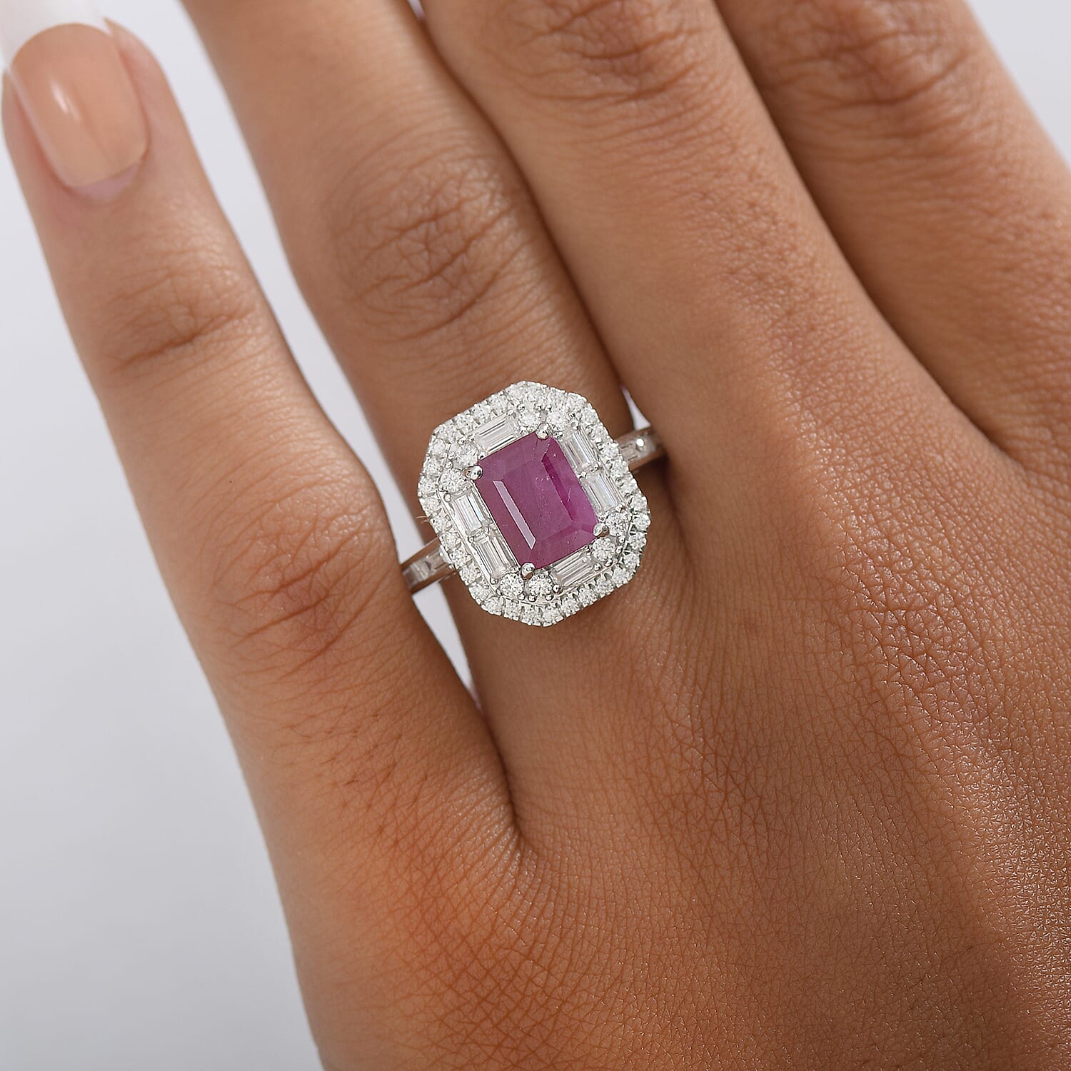 D'Joy Premium Royal Ruby, Moissanite Art Deco Ring in Rhodium Over Sterling Silver 3.25 ctw (Size 10.0)