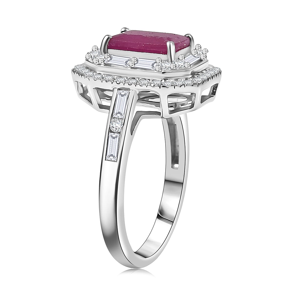 D'Joy Premium Royal Ruby, Moissanite Art Deco Ring in Rhodium Over Sterling Silver 3.25 ctw (Size 10.0)