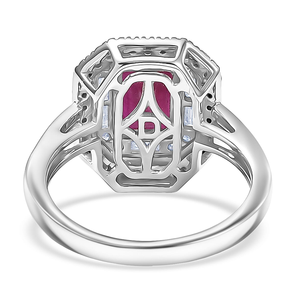 D'Joy Premium Royal Ruby, Moissanite Art Deco Ring in Rhodium Over Sterling Silver 3.25 ctw (Size 10.0)