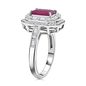 D'Joy Premium Royal Ruby, Moissanite Art Deco Ring in Rhodium Over Sterling Silver 3.25 ctw (Size 7.0)