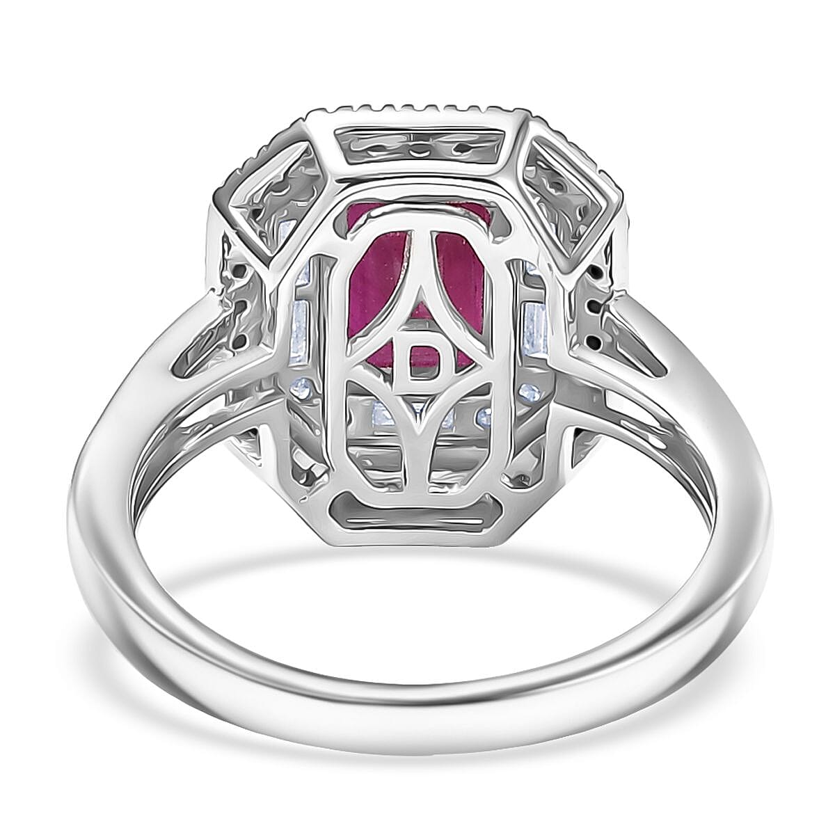 Doorbuster D'Joy Premium Royal Ruby and Moissanite 3.25 ctw Art Deco Ring in Rhodium Over Sterling Silver (Size 7.0) image number 4