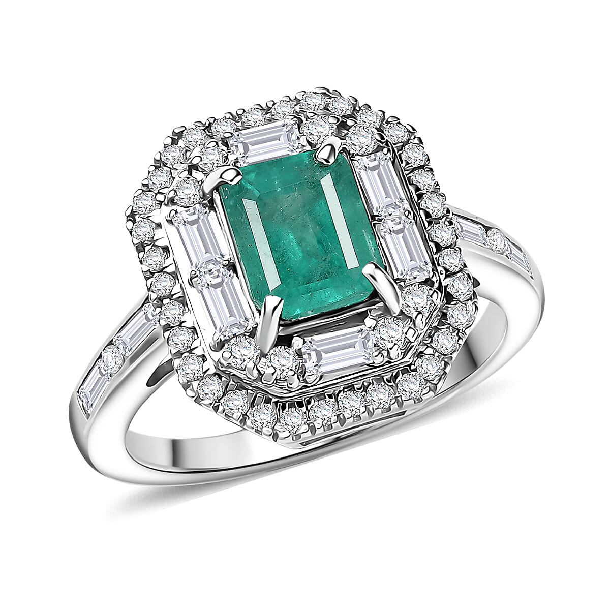 Doorbuster D'Joy Premium Kagem Zambian Emerald and Moissanite 2.60 ctw Art Deco Ring in Rhodium Over Sterling Silver (Size 10.0) image number 0