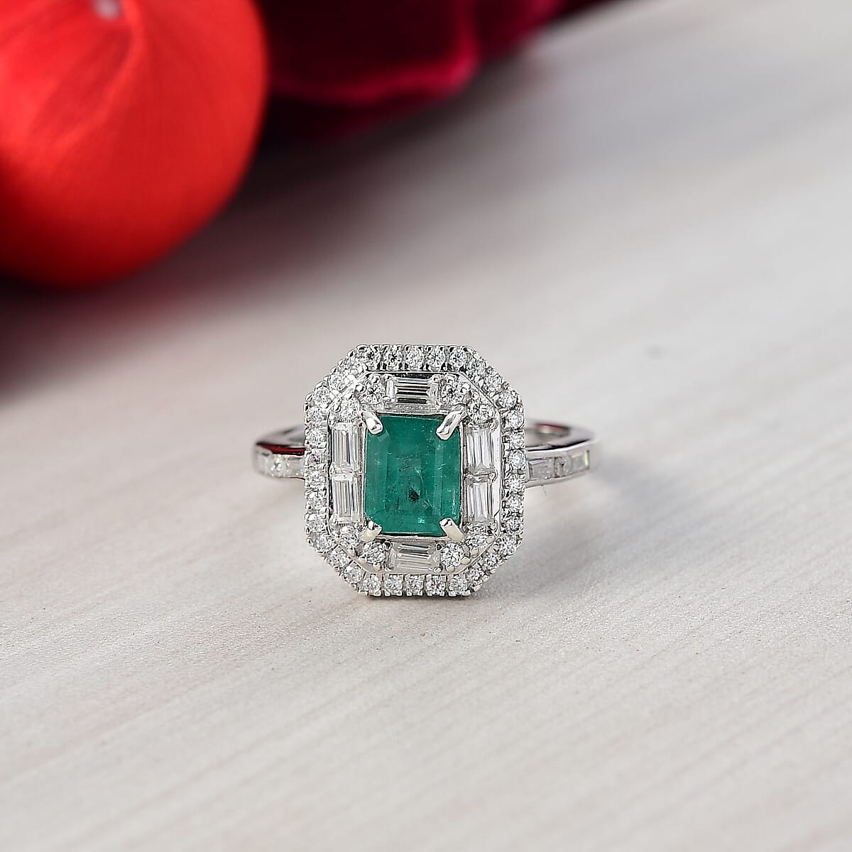 Doorbuster D'Joy Premium Kagem Zambian Emerald and Moissanite 2.60 ctw Art Deco Ring in Rhodium Over Sterling Silver (Size 10.0) image number 1