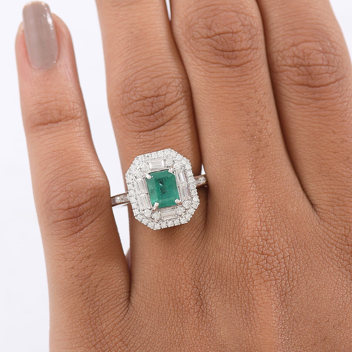 Doorbuster D'Joy Premium Kagem Zambian Emerald and Moissanite 2.60 ctw Art Deco Ring in Rhodium Over Sterling Silver (Size 10.0) image number 2