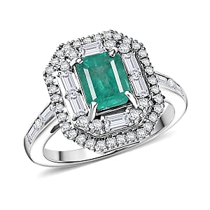 Doorbuster D'Joy Premium Kagem Zambian Emerald and Moissanite 2.60 ctw Art Deco Ring in Rhodium Over Sterling Silver (Size 5.0)