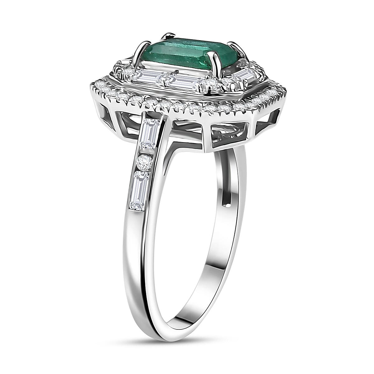 Doorbuster D'Joy Premium Kagem Zambian Emerald and Moissanite 2.60 ctw Art Deco Ring in Rhodium Over Sterling Silver (Size 5.0) image number 3