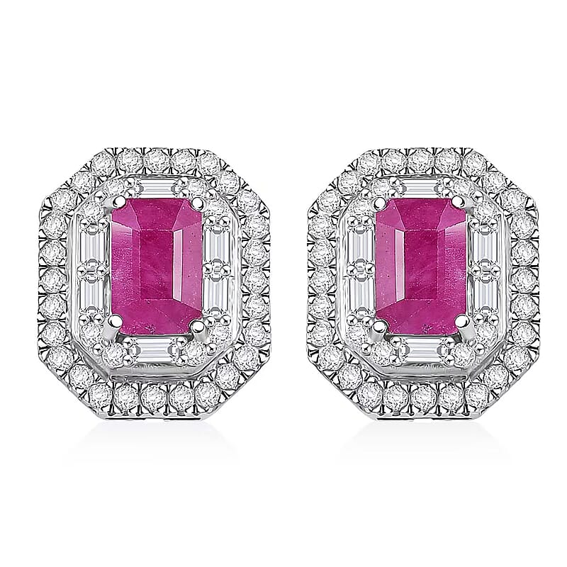 D'Joy Premium Royal Ruby and Moissanite 2.50 ctw Art Deco Earrings in Rhodium Over Sterling Silver