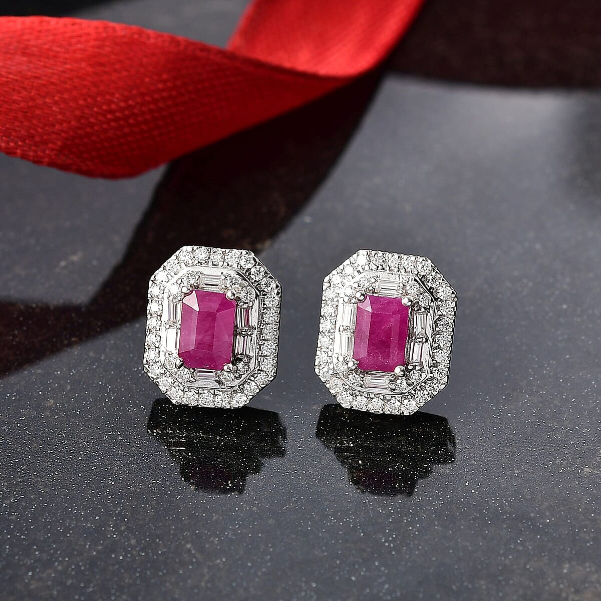 Doorbuster D'Joy Premium Royal Ruby and Moissanite 2.50 ctw Art Deco Earrings in Rhodium Over Sterling Silver image number 1