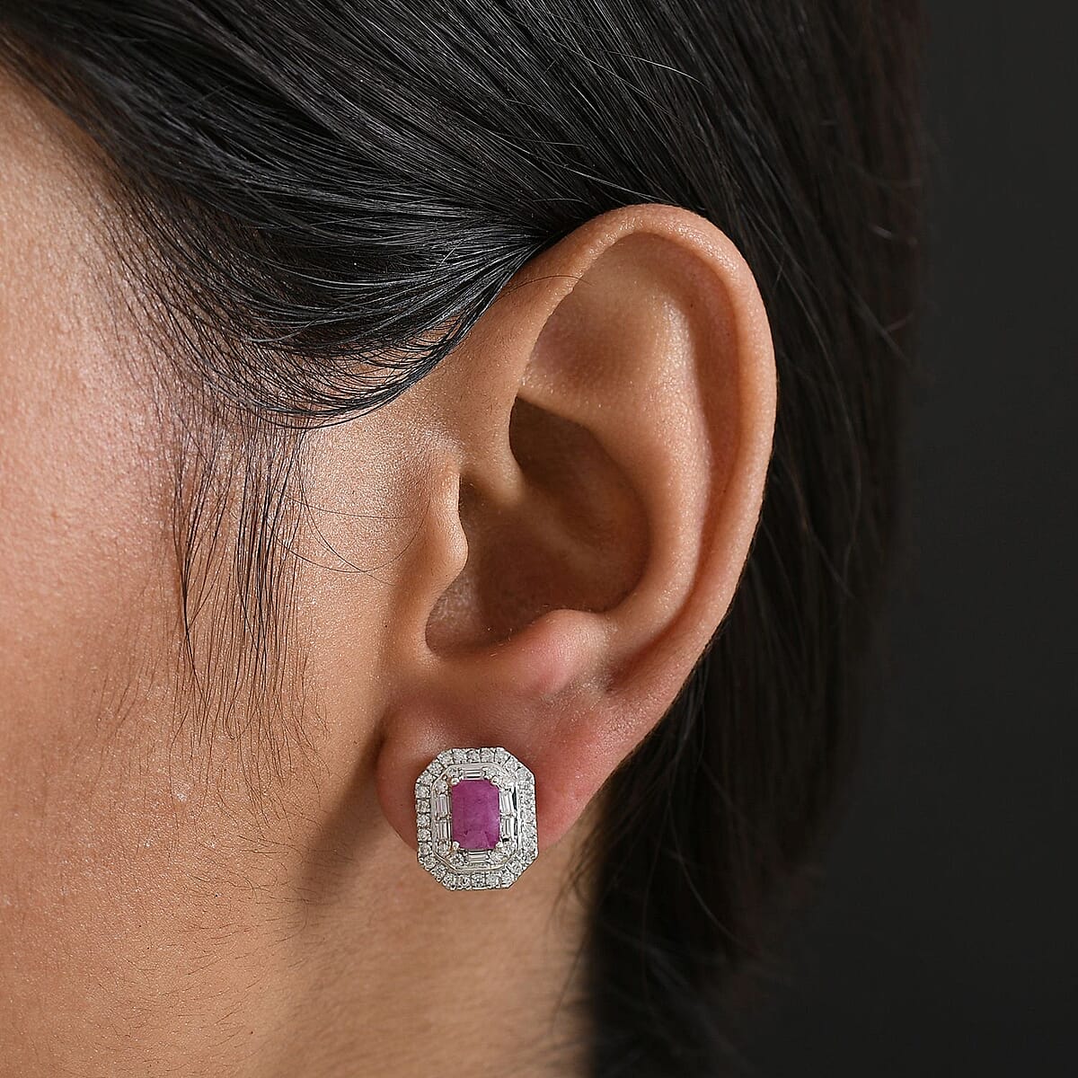 Doorbuster D'Joy Premium Royal Ruby and Moissanite 2.50 ctw Art Deco Earrings in Rhodium Over Sterling Silver image number 2