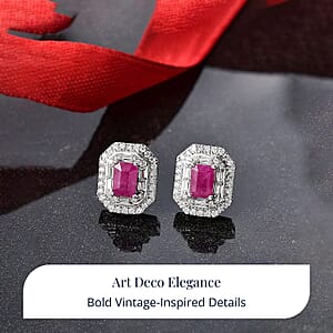 Doorbuster D'Joy Premium Royal Ruby and Moissanite 2.50 ctw Art Deco Earrings in Rhodium Over Sterling Silver