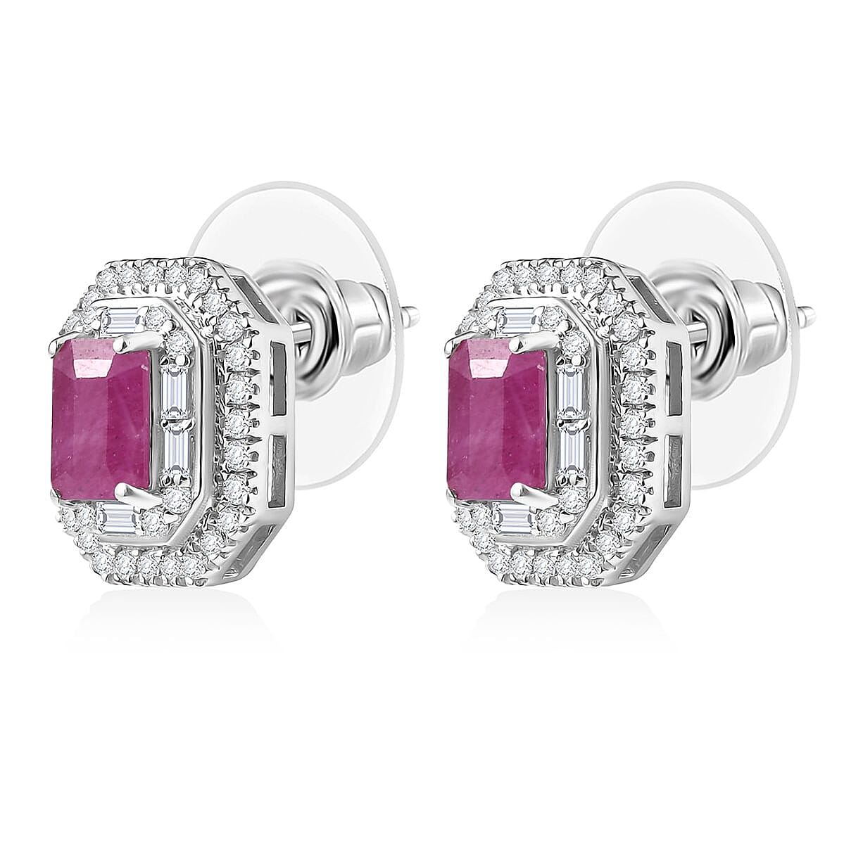 Doorbuster D'Joy Premium Royal Ruby and Moissanite 2.50 ctw Art Deco Earrings in Rhodium Over Sterling Silver image number 3
