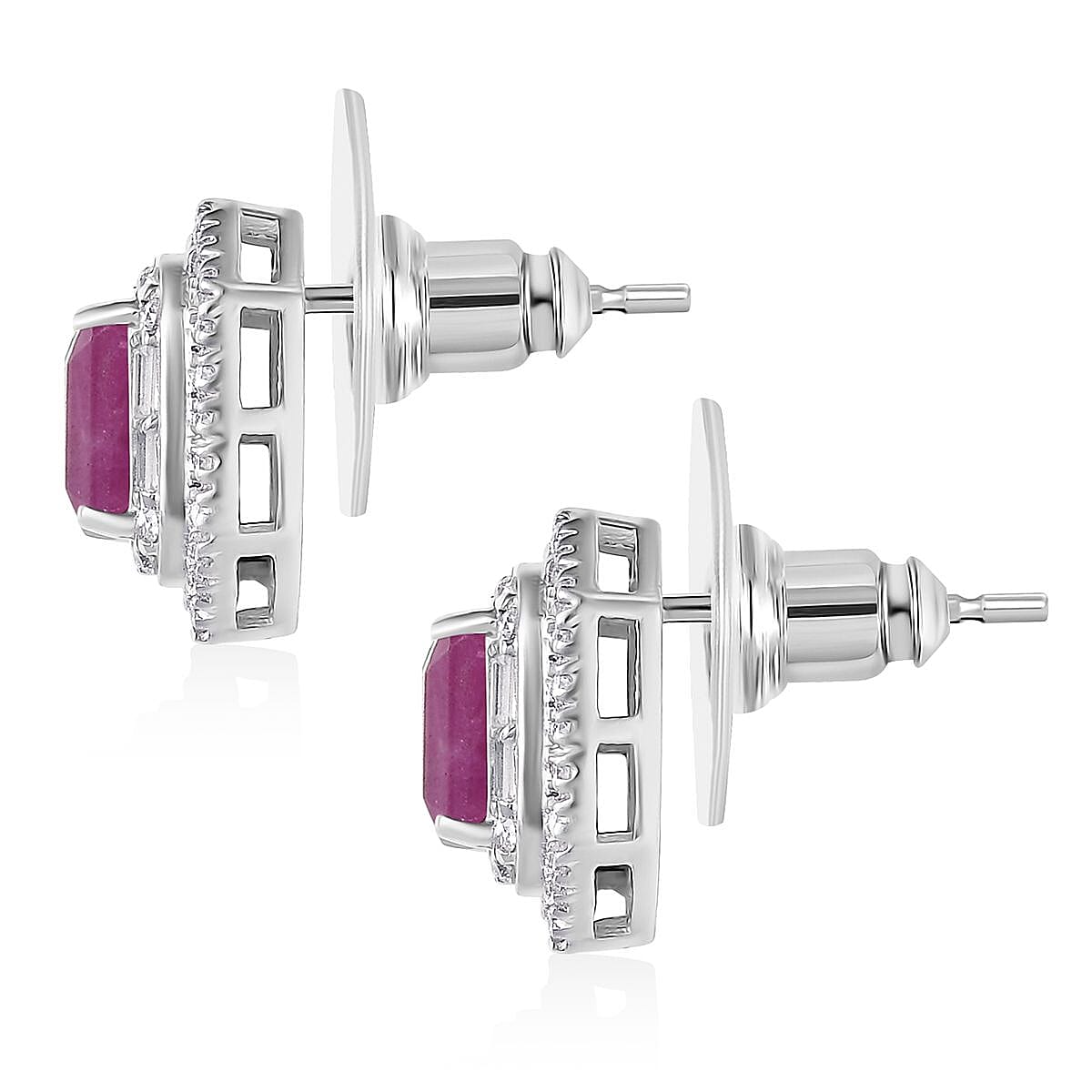 Doorbuster D'Joy Premium Royal Ruby and Moissanite 2.50 ctw Art Deco Earrings in Rhodium Over Sterling Silver image number 4