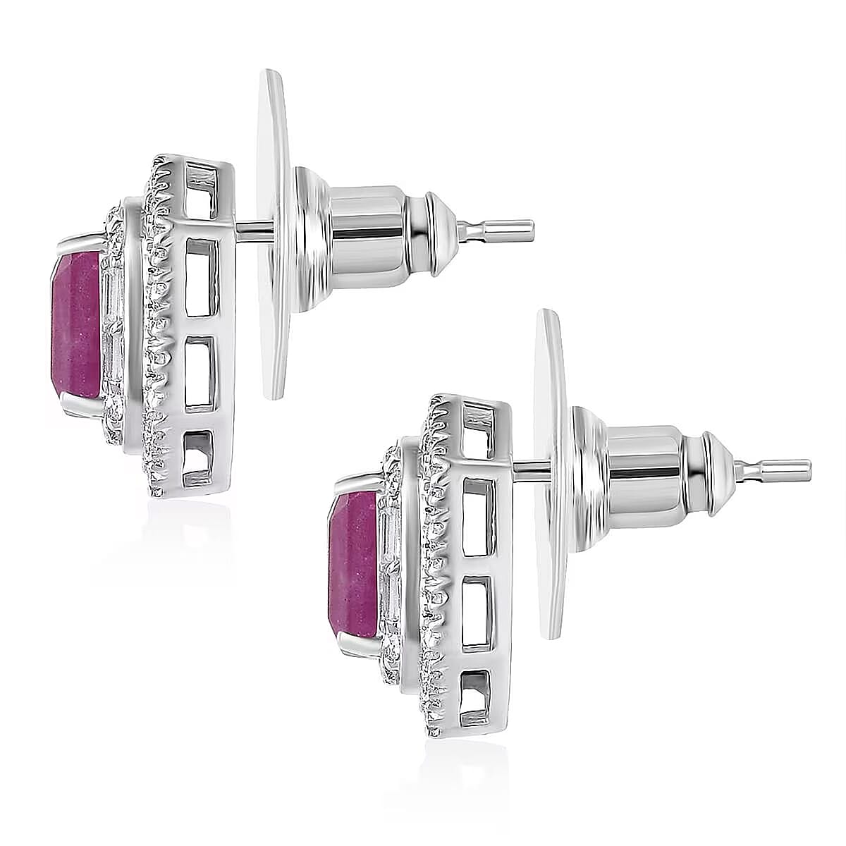 Doorbuster D'Joy Premium Royal Ruby and Moissanite 2.50 ctw Art Deco Earrings in Rhodium Over Sterling Silver image number 7