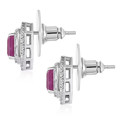 D'Joy Premium Royal Ruby and Moissanite 2.50 ctw Art Deco Earrings in Rhodium Over Sterling Silver