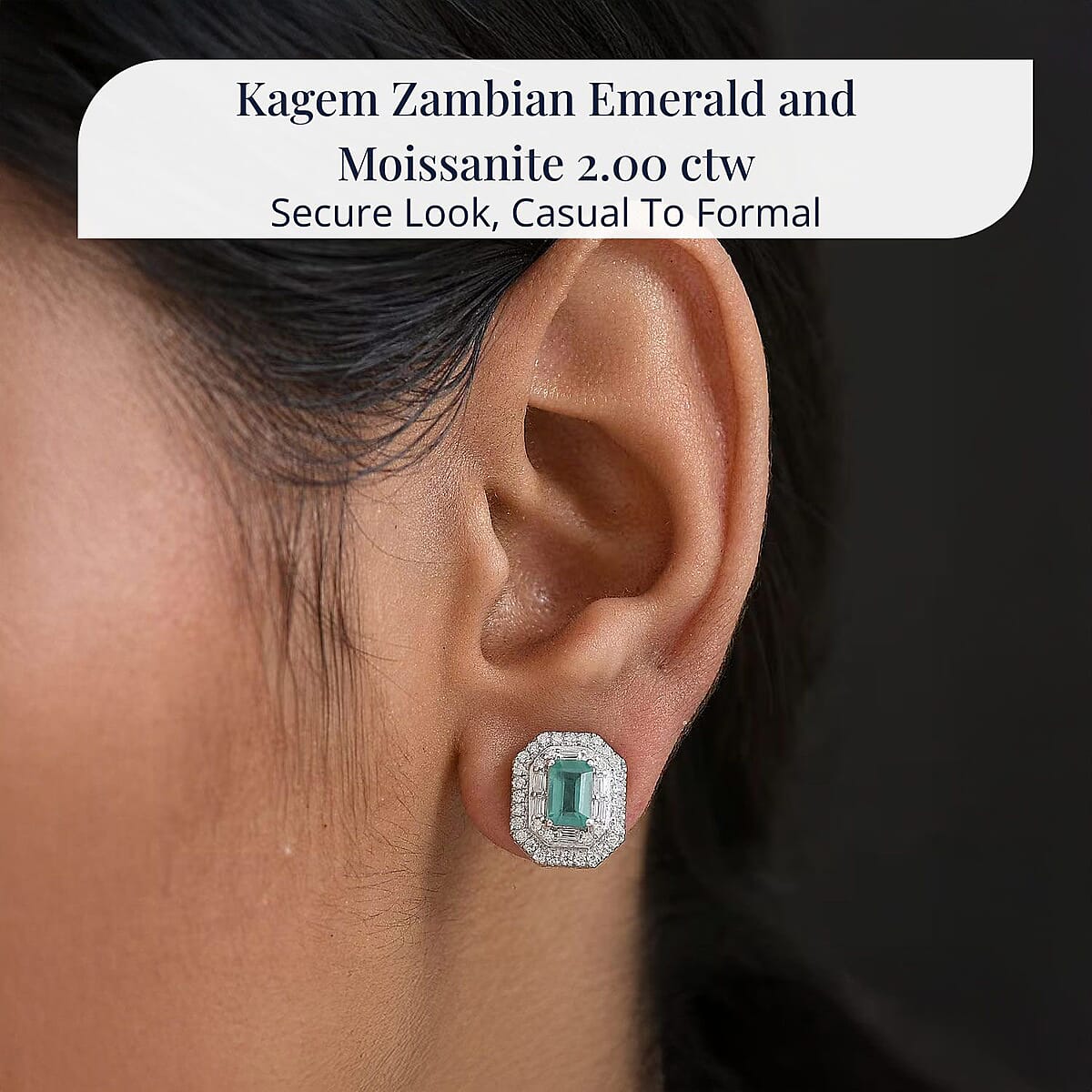 Doorbuster D'Joy Premium Kagem Zambian Emerald and Moissanite 2.00 ctw Art Deco Earrings in Rhodium Over Sterling Silver image number 1