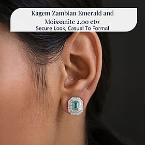  D'Joy Premium Kagem Zambian Emerald and Moissanite 2.00 ctw Art Deco Earrings in Rhodium Over Sterling Silver