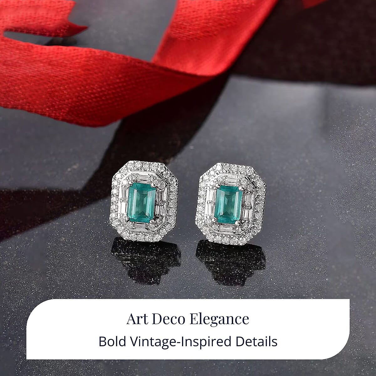 Doorbuster D'Joy Premium Kagem Zambian Emerald and Moissanite 2.00 ctw Art Deco Earrings in Rhodium Over Sterling Silver image number 2