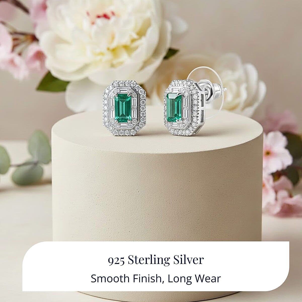 Doorbuster D'Joy Premium Kagem Zambian Emerald and Moissanite 2.00 ctw Art Deco Earrings in Rhodium Over Sterling Silver image number 4